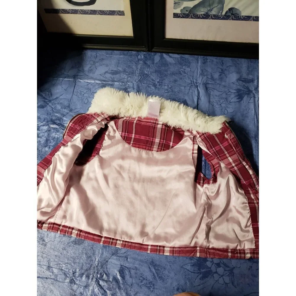Disney Princess store girl plaid vest, embroidered/ cotton, faux fur collar, 5/6